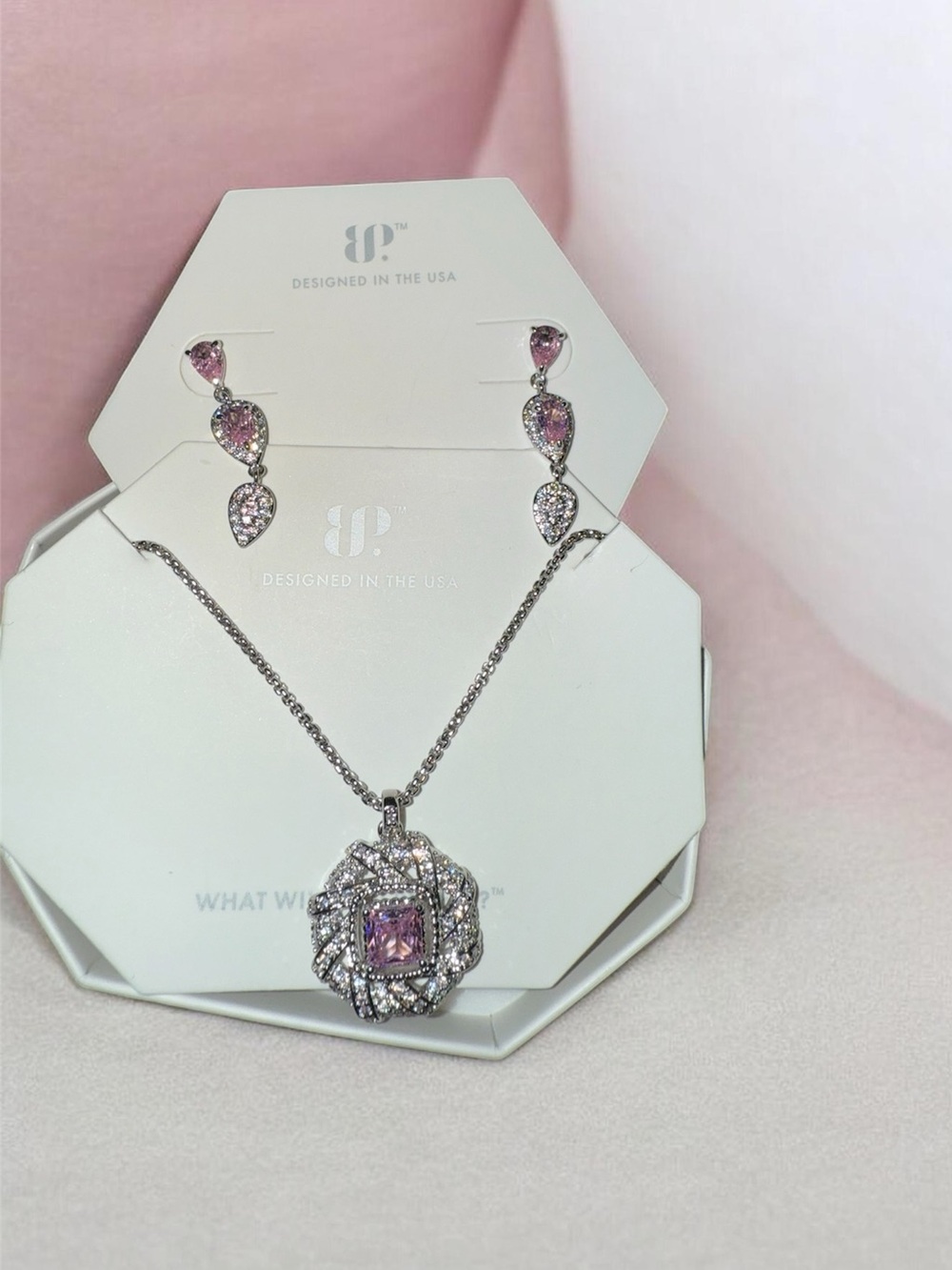 Pink Cubic Zirconia Rose Pendant Necklace with Matching Drop Earrings